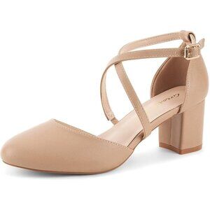 Women's Nude Synthetic Round Toe Cross Strap Low Block Heeled Dress Pumps